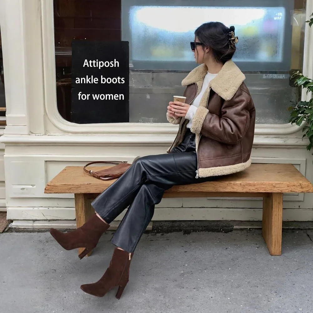 Women's Brown suede Square Toe Ankle Boots Low Heel Side Zipper Comfort Dressy